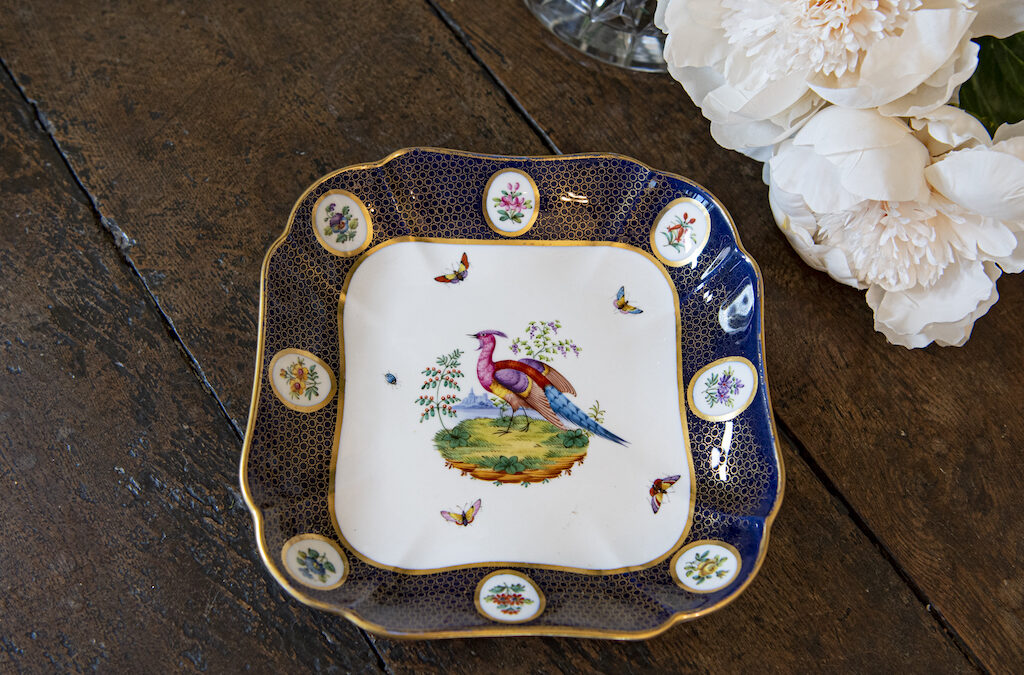 SOLD – Antique Exotic Bird Square Dish