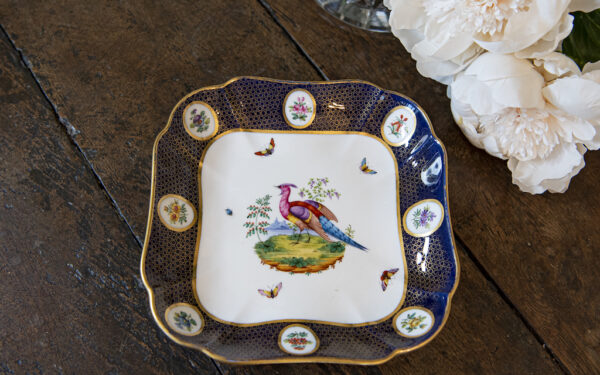 SOLD – Antique Exotic Bird Square Dish