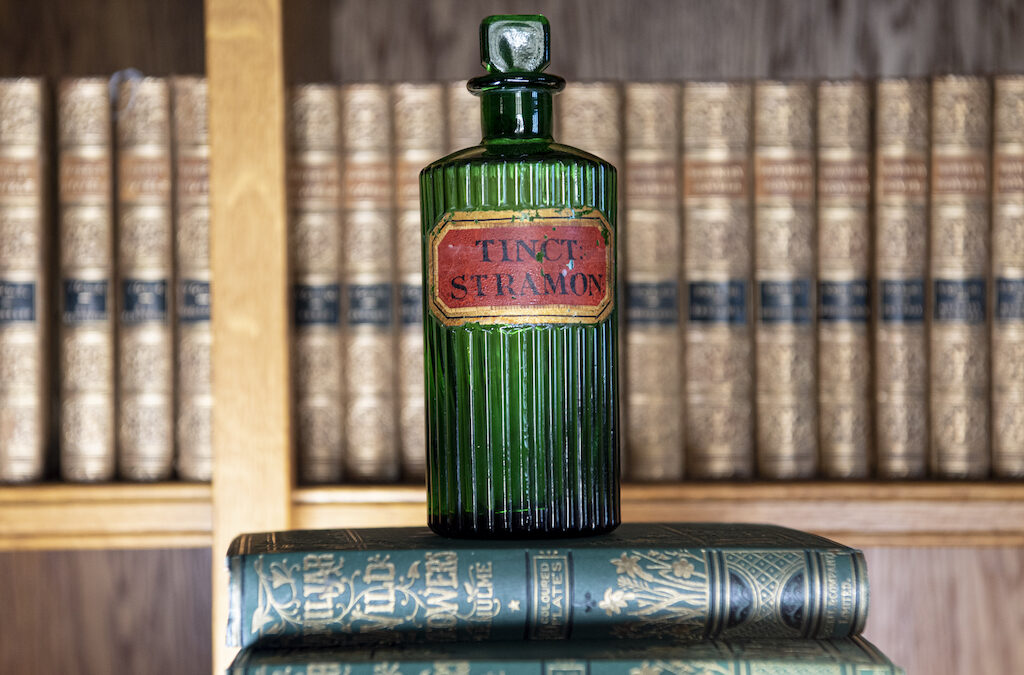 SOLD – Ribbed Green Apothecary Bottle