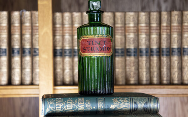 SOLD – Ribbed Green Apothecary Bottle