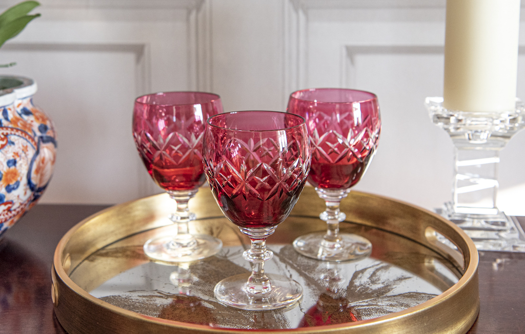 Set of 3 Cranberry Cut Glass Wine Glasses – £45