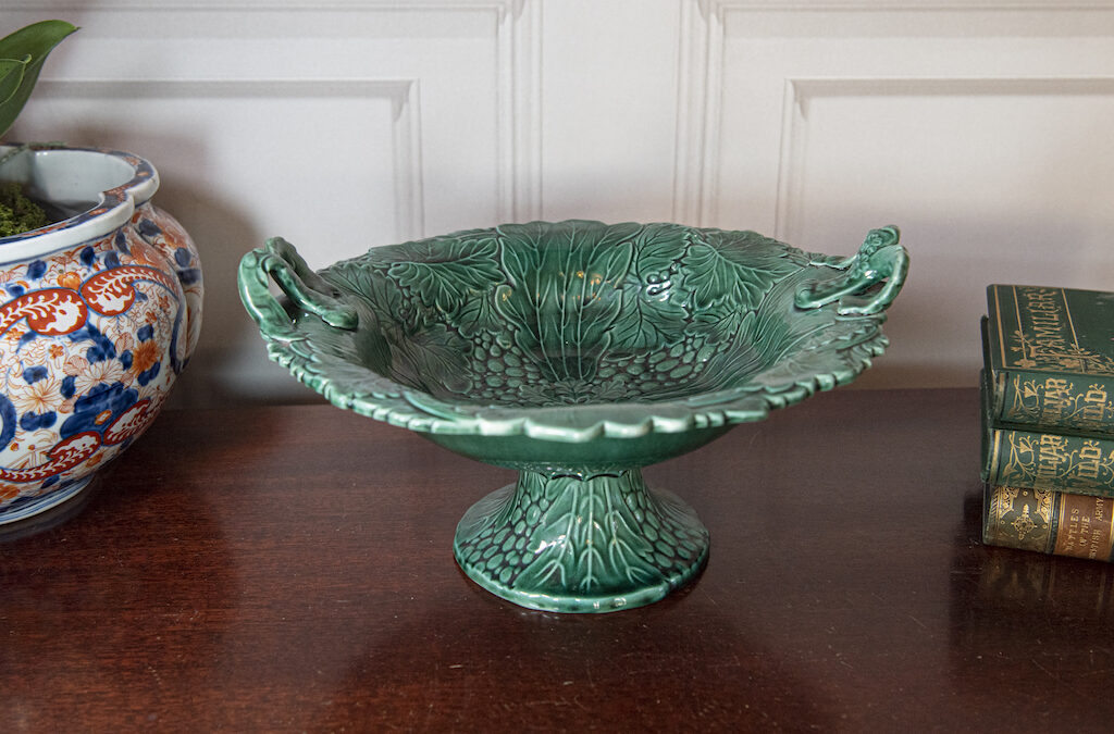 Large Green Vine Majolica Footed Dish – £225