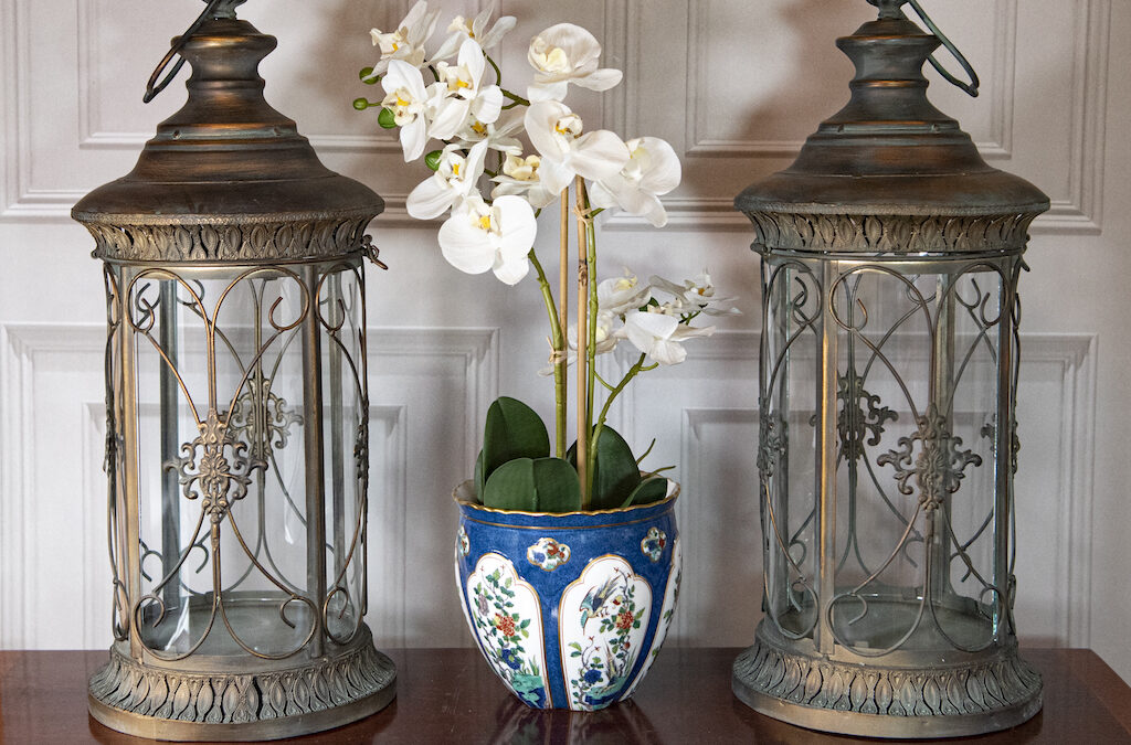 SOLD – Pair of Large Bronzed Metal & Glass Lanterns