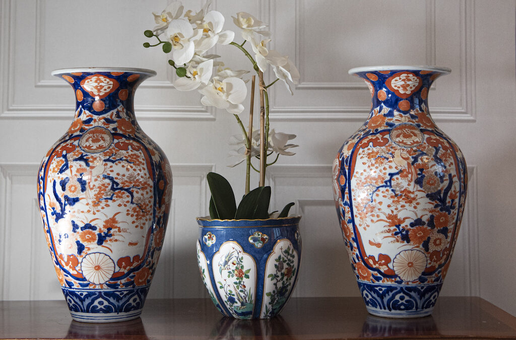 SOLD – Pair of Large Orange and Blue Japanese Vases