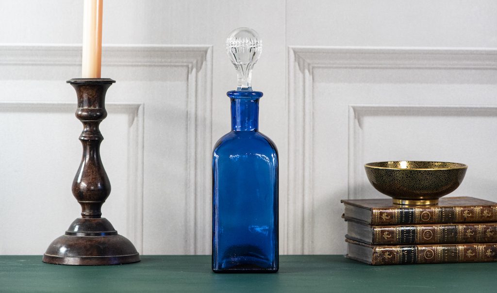 Blue Square Glass Bottle with stopper – £24