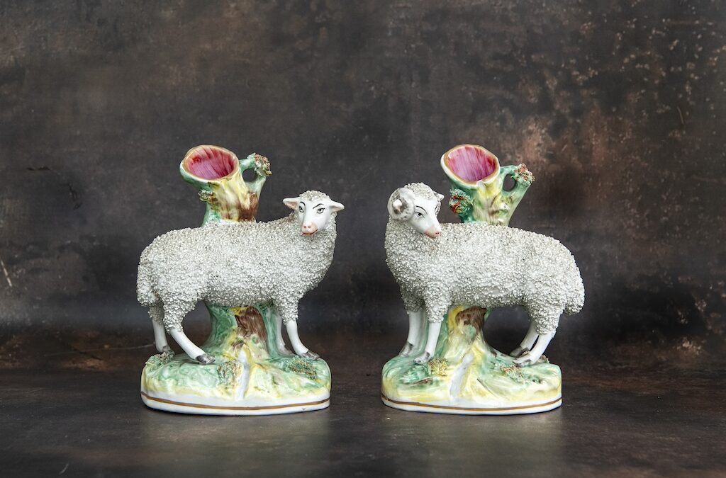 Pair of Staffordshire Sheep Spill Vases – £425