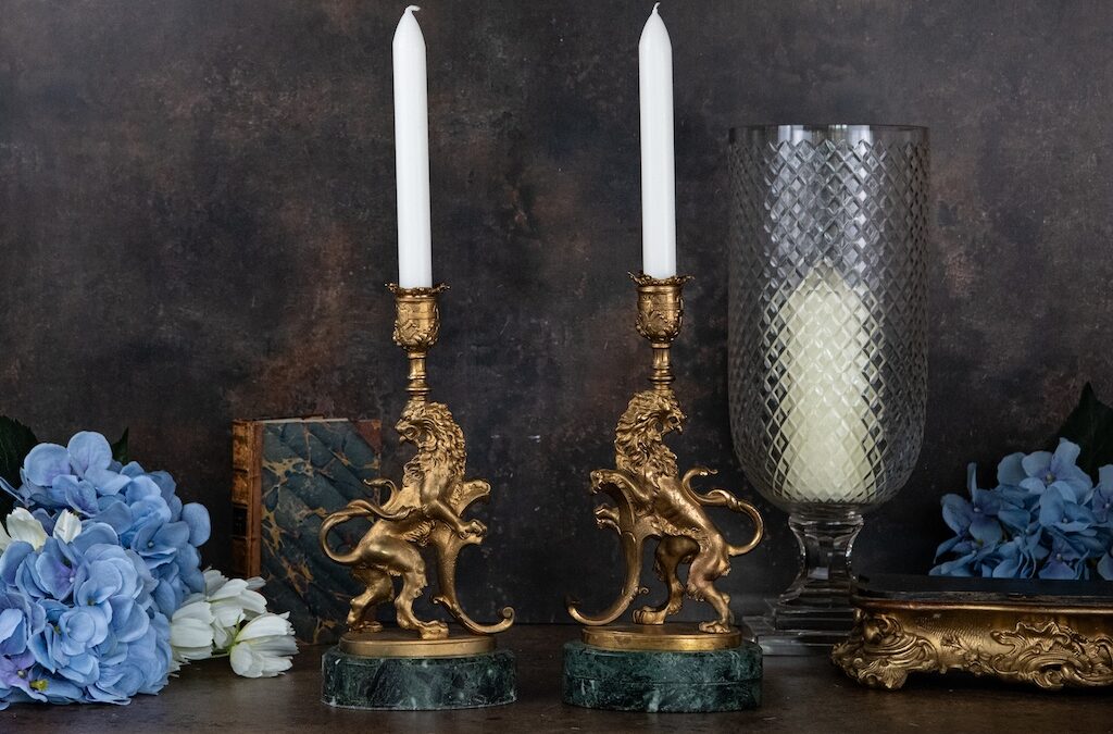 Antique Metal Lion Candlesticks – £225