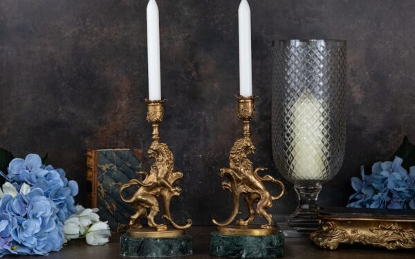 Antique Metal Lion Candlesticks – £225