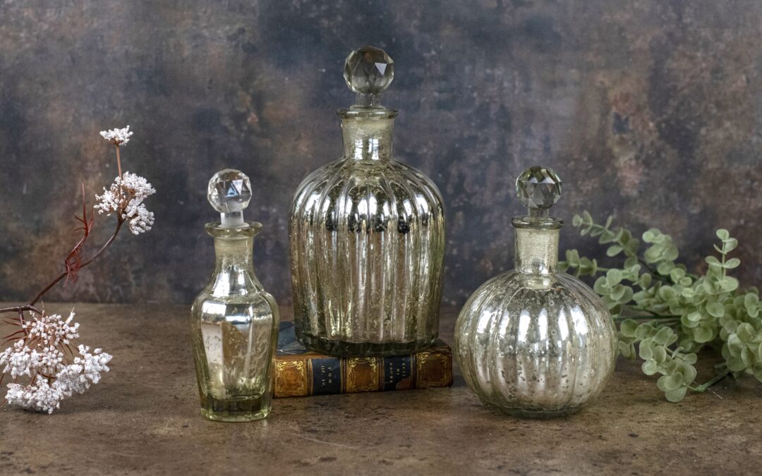 Set of Three ‘Antiqued’ Silvery Glass Bottles – £70