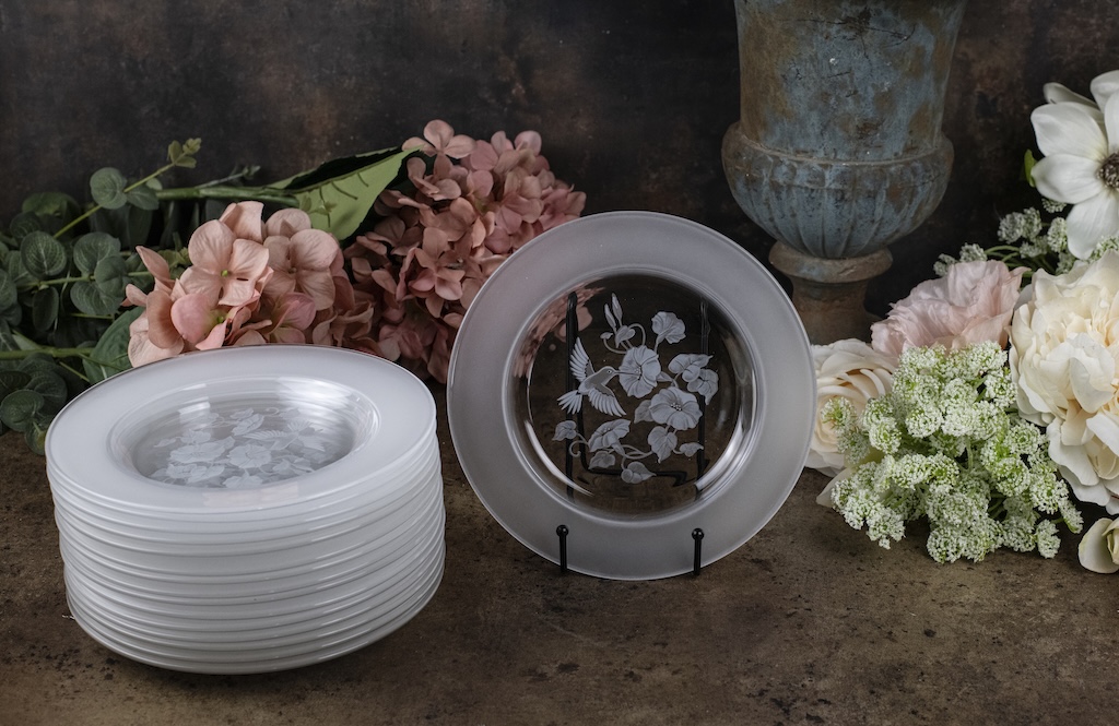 Set of 16 Hummingbird Design Etched Lead Crystal Plates – £185