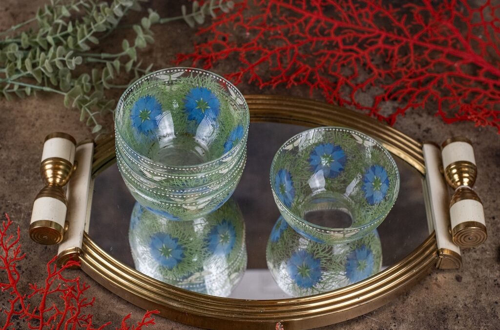 Set of six ‘Love in the Mist’ handpainted glass bowls – £165