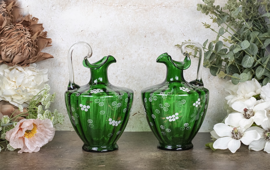 Antique Pair of Hand Painted Green Glass Pitchers- £155