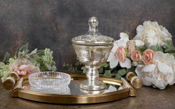 Vintage Silvery Glass Lidded Pot – £48